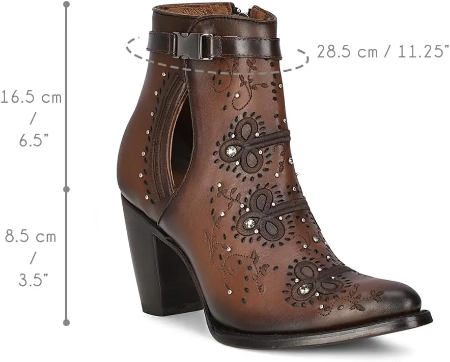 Cuadra Western Ankle Bootie, Brown Leather with Crystal Embellishments, 3.2-inch Cuban Heel