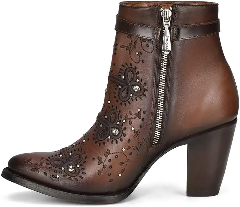 Cuadra Western Ankle Bootie, Brown Leather with Crystal Embellishments, 3.2-inch Cuban Heel