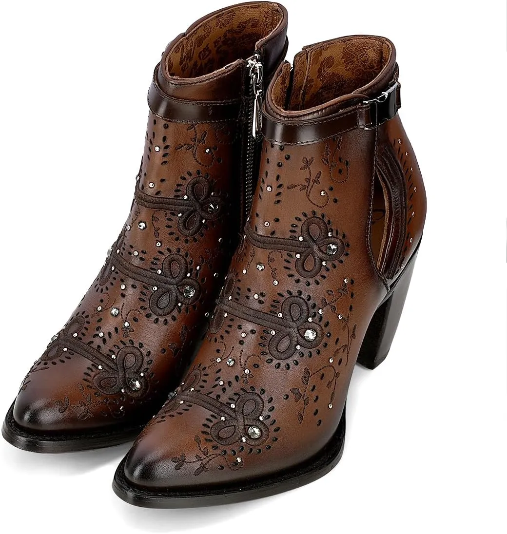 Cuadra Western Ankle Bootie, Brown Leather with Crystal Embellishments, 3.2-inch Cuban Heel