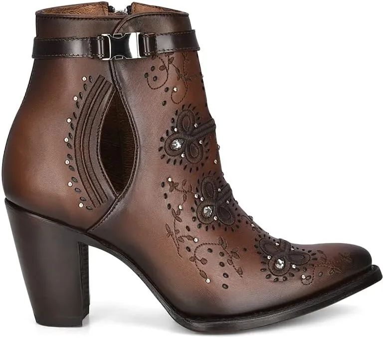 Cuadra Western Ankle Bootie, Brown Leather with Crystal Embellishments, 3.2-inch Cuban Heel