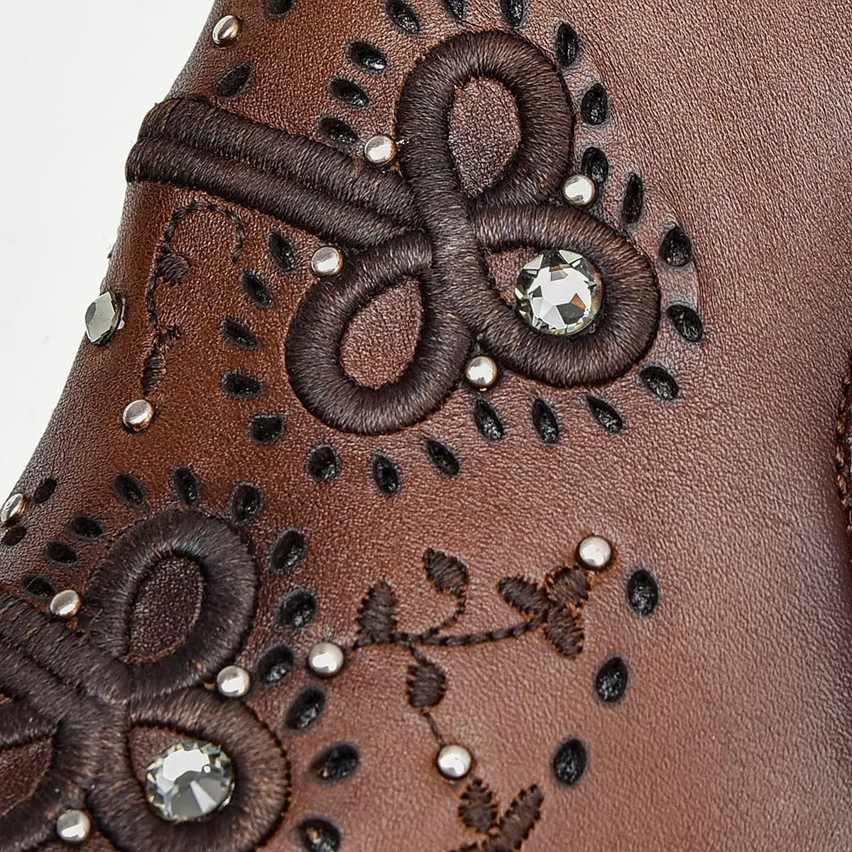Cuadra Western Ankle Bootie, Brown Leather with Crystal Embellishments, 3.2-inch Cuban Heel