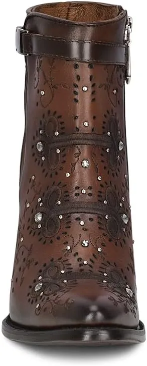 Cuadra Western Ankle Bootie, Brown Leather with Crystal Embellishments, 3.2-inch Cuban Heel