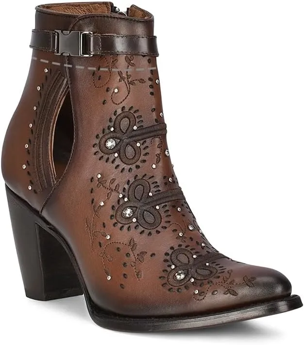 Cuadra Western Ankle Bootie, Brown Leather with Crystal Embellishments, 3.2-inch Cuban Heel