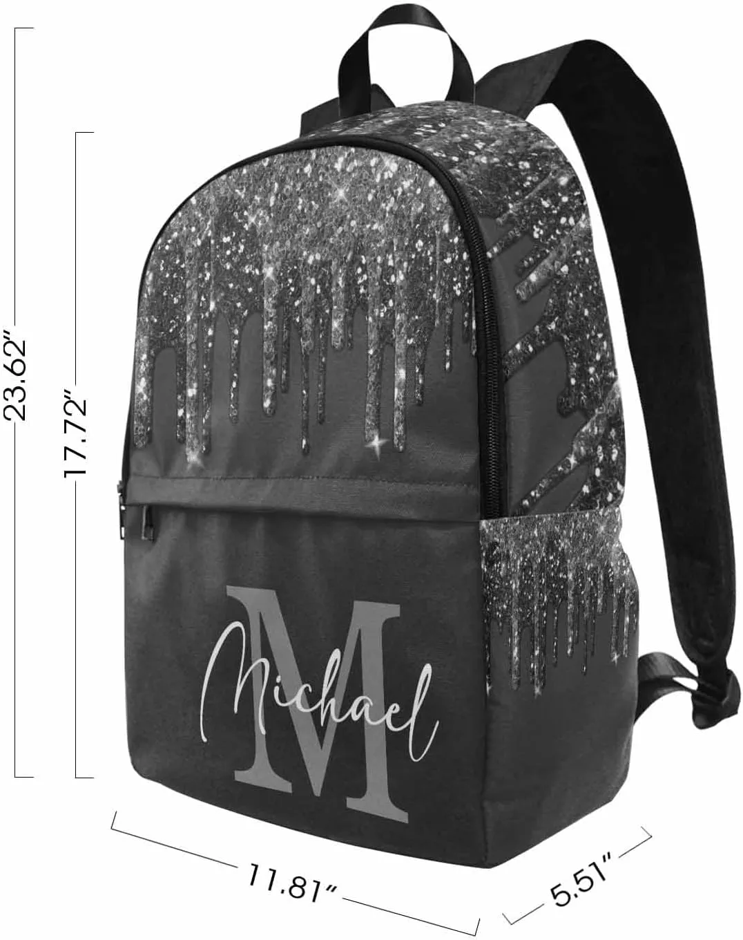 Custom Name Backpack Bag for Boys Girls Son, Personalized Black Glitter Sparkle Drip with Initial Schoolbag Casual Backpack Customized Bookbag for Kids Unisex Back School Camping Hiking Travel