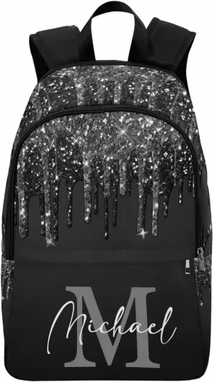 Custom Name Backpack Bag for Boys Girls Son, Personalized Black Glitter Sparkle Drip with Initial Schoolbag Casual Backpack Customized Bookbag for Kids Unisex Back School Camping Hiking Travel