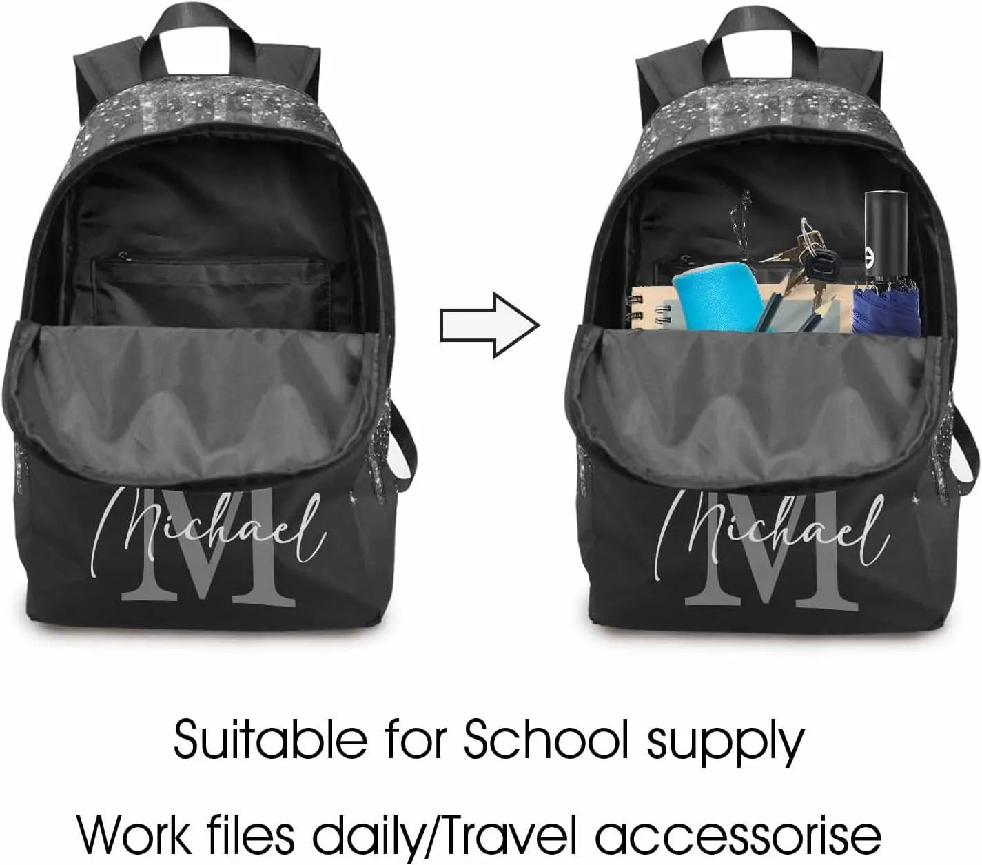 Custom Name Backpack Bag for Boys Girls Son, Personalized Black Glitter Sparkle Drip with Initial Schoolbag Casual Backpack Customized Bookbag for Kids Unisex Back School Camping Hiking Travel