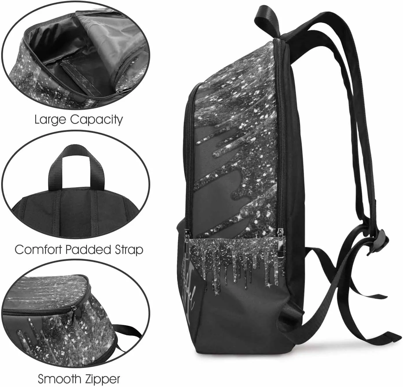 Custom Name Backpack Bag for Boys Girls Son, Personalized Black Glitter Sparkle Drip with Initial Schoolbag Casual Backpack Customized Bookbag for Kids Unisex Back School Camping Hiking Travel