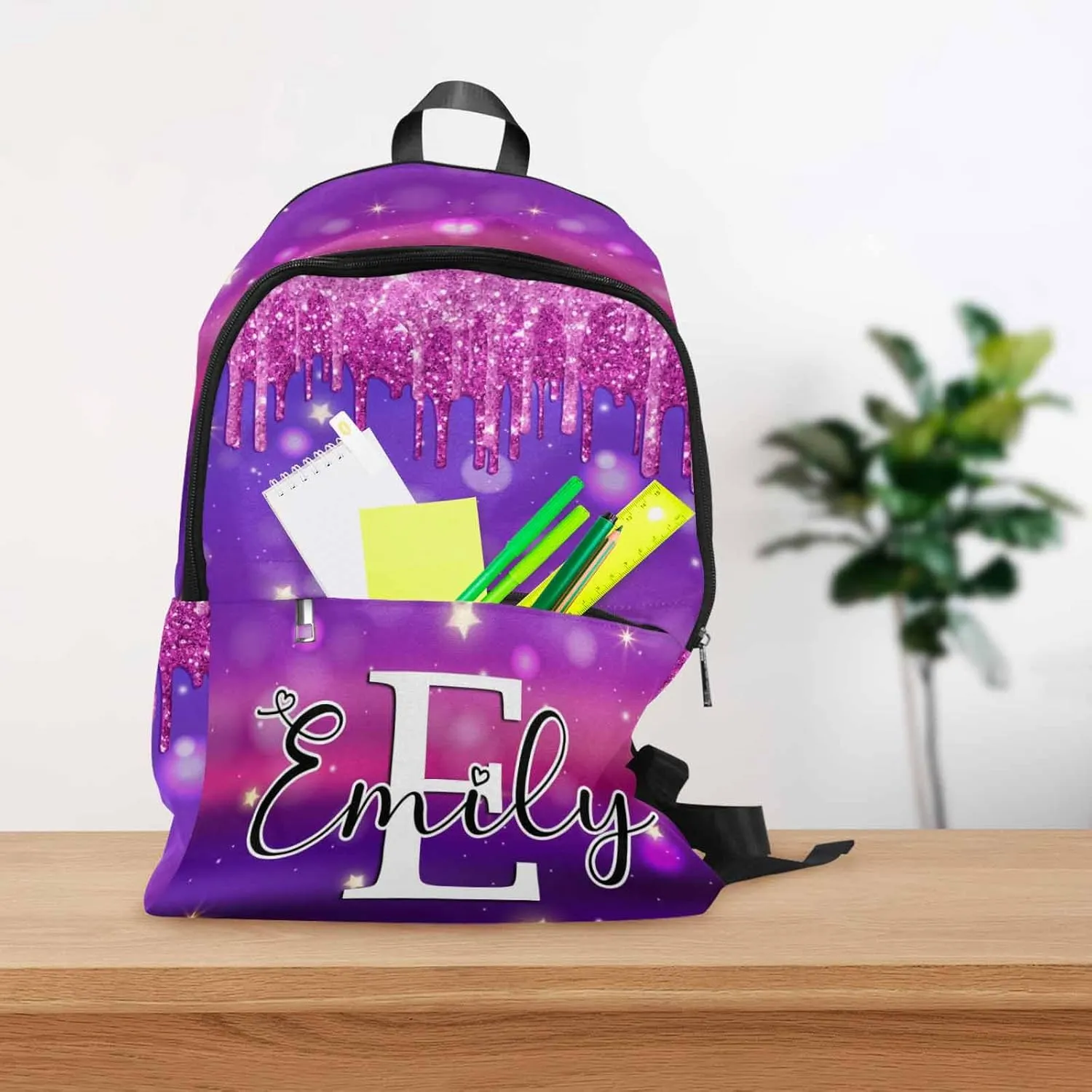 Custom School Backpack for Boys Girls, Personalized Deep Pink Shining Sparkle Drips Casual Backpack Schoolbag Customized Bookbag for Unisex Students Back School Multipurpose Camping Travel Bag