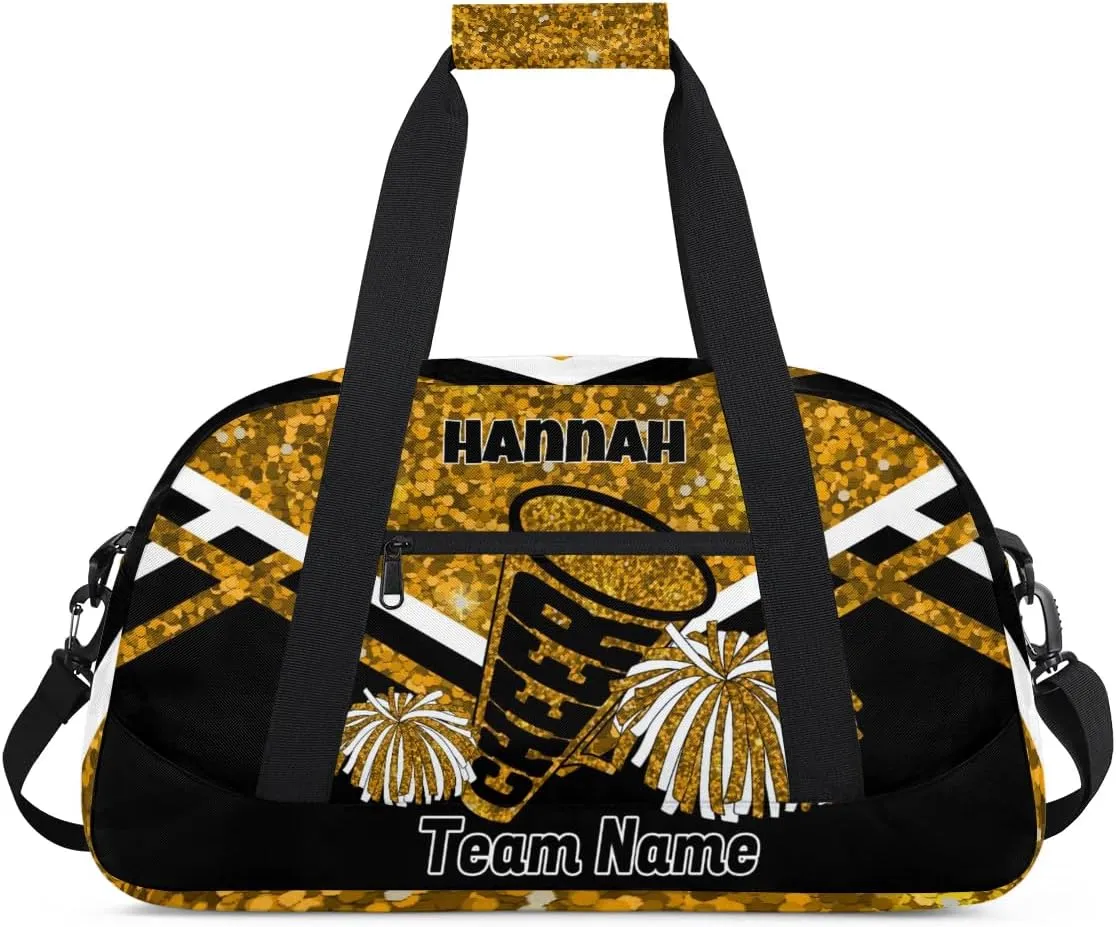 Custom Sport Duffle for Gymnastics, Dance, Cheer - Golden Sequins Bright Gold Glitters Bag With Custom Name - Carry On Weekend Sports Travel Practice Bag