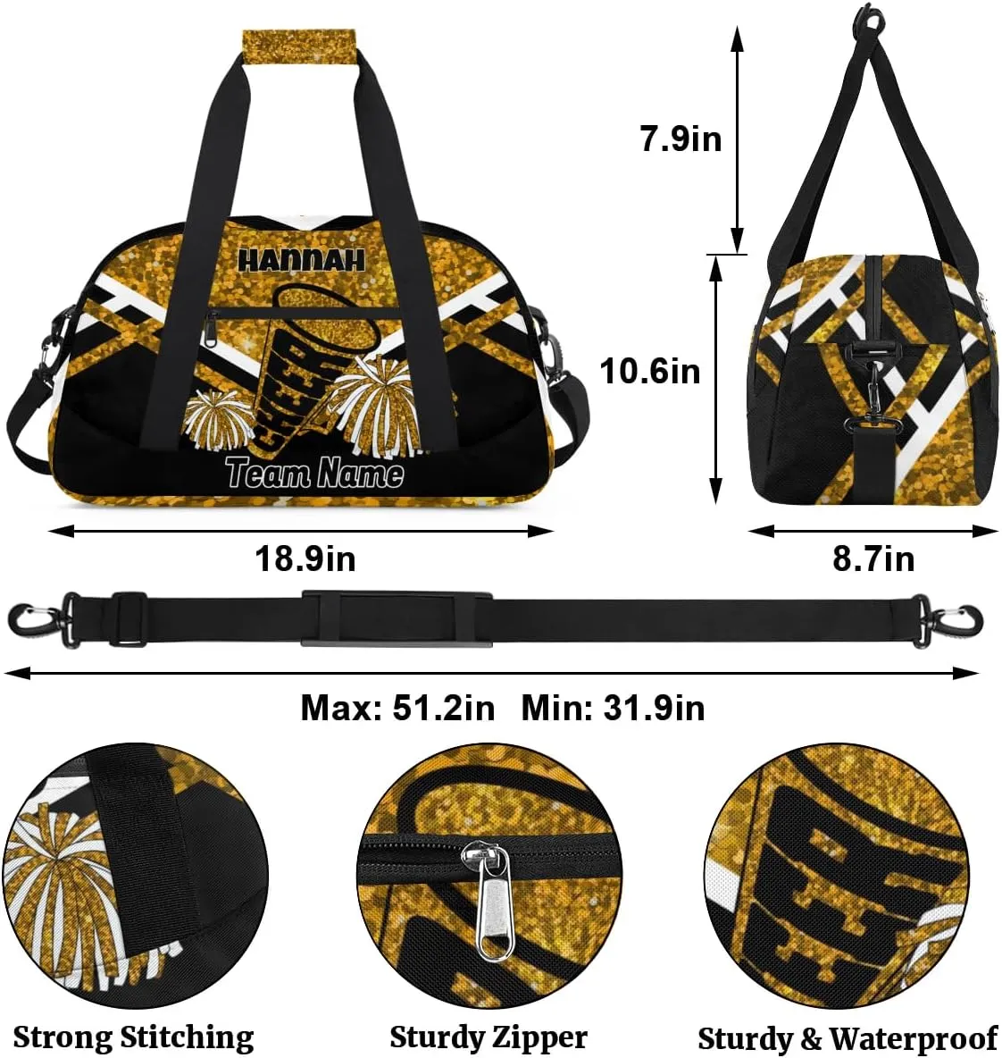 Custom Sport Duffle for Gymnastics, Dance, Cheer - Golden Sequins Bright Gold Glitters Bag With Custom Name - Carry On Weekend Sports Travel Practice Bag