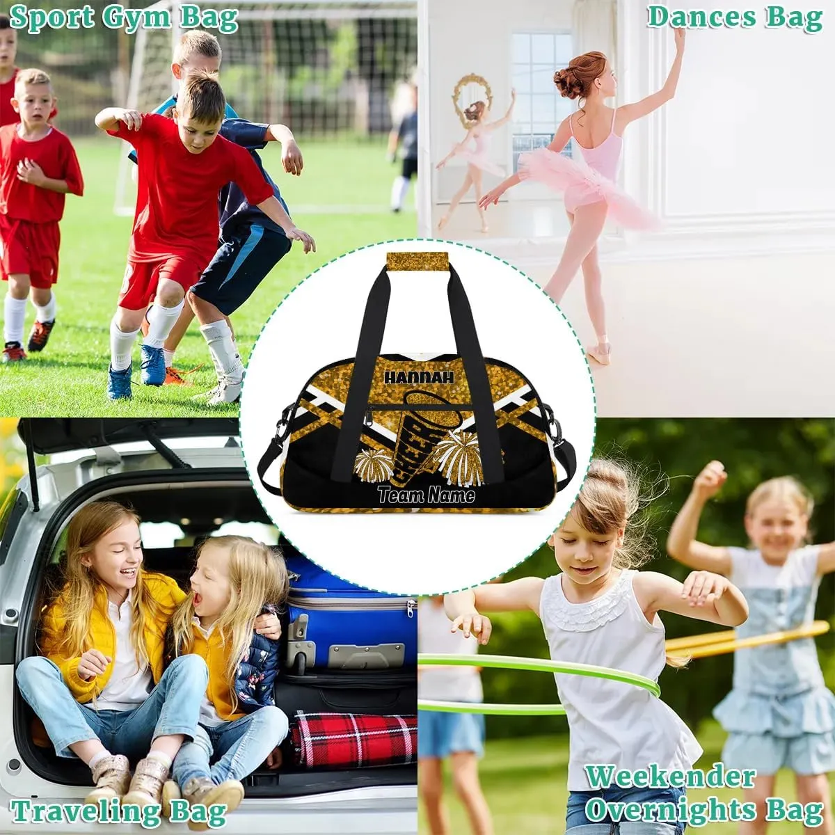 Custom Sport Duffle for Gymnastics, Dance, Cheer - Golden Sequins Bright Gold Glitters Bag With Custom Name - Carry On Weekend Sports Travel Practice Bag