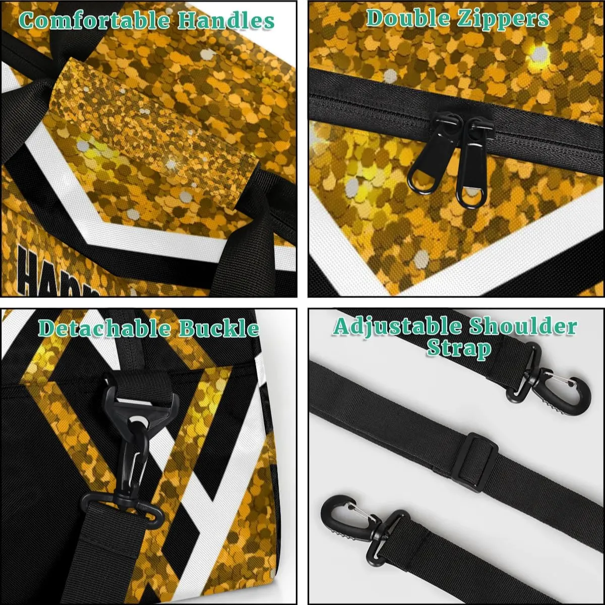 Custom Sport Duffle for Gymnastics, Dance, Cheer - Golden Sequins Bright Gold Glitters Bag With Custom Name - Carry On Weekend Sports Travel Practice Bag