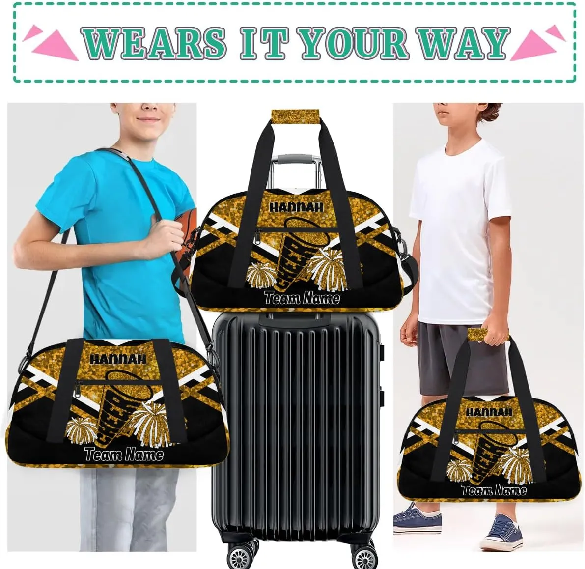 Custom Sport Duffle for Gymnastics, Dance, Cheer - Golden Sequins Bright Gold Glitters Bag With Custom Name - Carry On Weekend Sports Travel Practice Bag