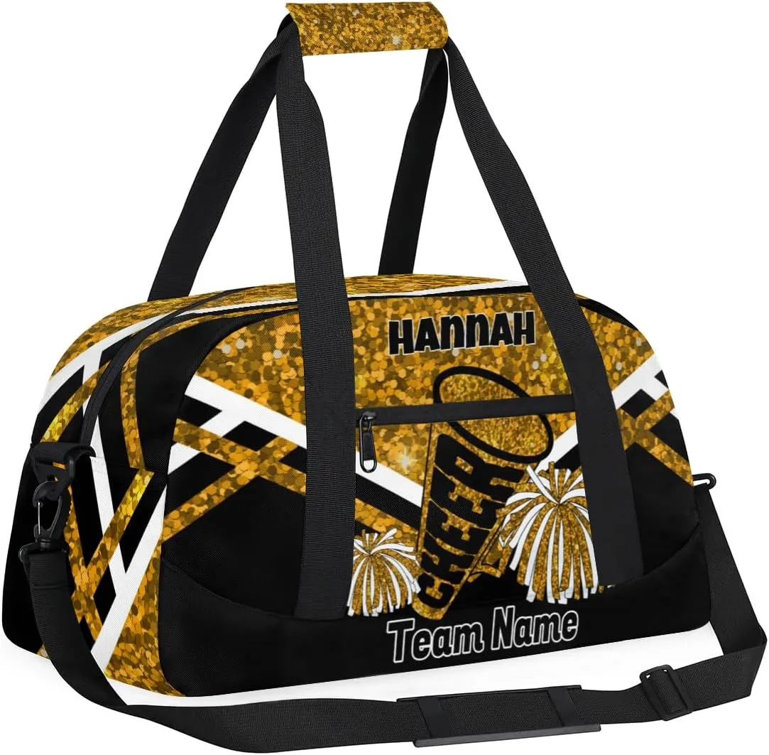 Custom Sport Duffle for Gymnastics, Dance, Cheer - Golden Sequins Bright Gold Glitters Bag With Custom Name - Carry On Weekend Sports Travel Practice Bag