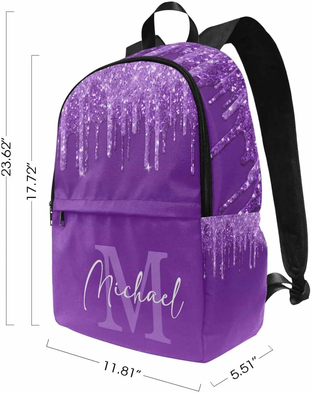 Customize Name Casual School Backpack for Kids, Personalized Dark Purple Glitter with Monogram Logo Schoolbag Shoulder Bag Custom Travel Daypack for Students Boys Girls Back School Gifts Picnic