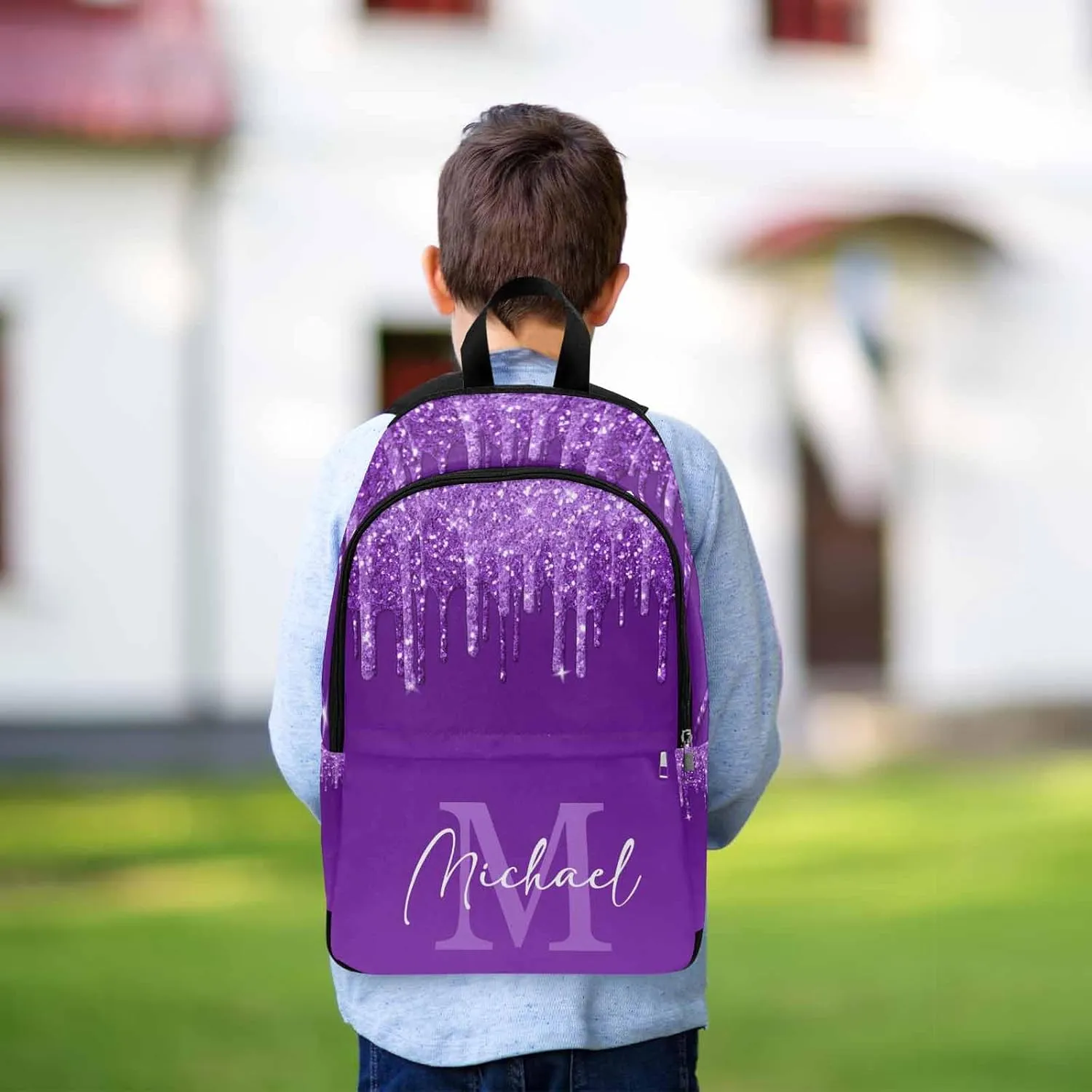 Customize Name Casual School Backpack for Kids, Personalized Dark Purple Glitter with Monogram Logo Schoolbag Shoulder Bag Custom Travel Daypack for Students Boys Girls Back School Gifts Picnic