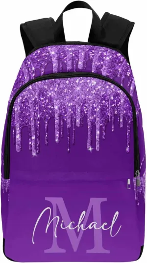 Customize Name Casual School Backpack for Kids, Personalized Dark Purple Glitter with Monogram Logo Schoolbag Shoulder Bag Custom Travel Daypack for Students Boys Girls Back School Gifts Picnic