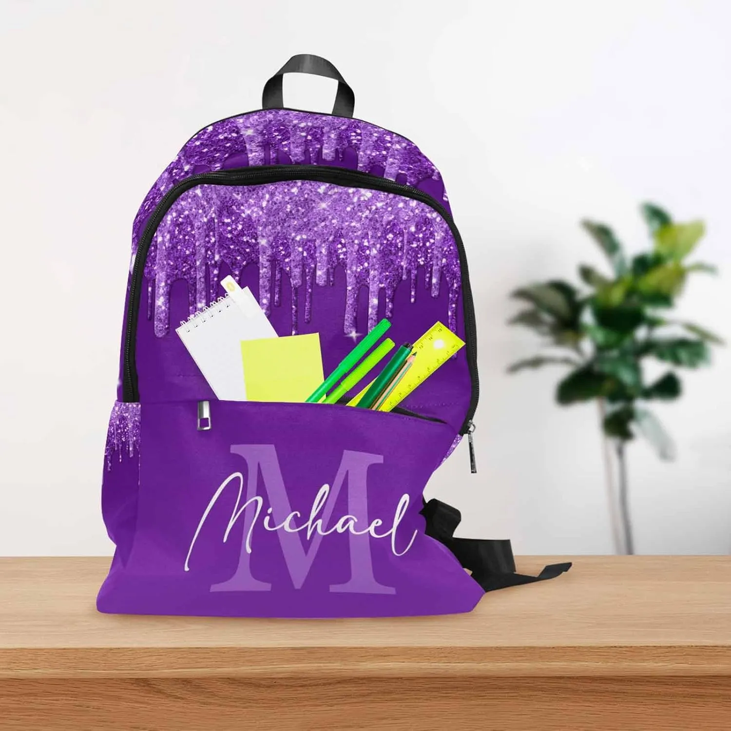 Customize Name Casual School Backpack for Kids, Personalized Dark Purple Glitter with Monogram Logo Schoolbag Shoulder Bag Custom Travel Daypack for Students Boys Girls Back School Gifts Picnic