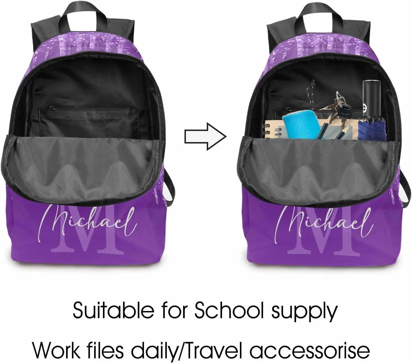 Customize Name Casual School Backpack for Kids, Personalized Dark Purple Glitter with Monogram Logo Schoolbag Shoulder Bag Custom Travel Daypack for Students Boys Girls Back School Gifts Picnic