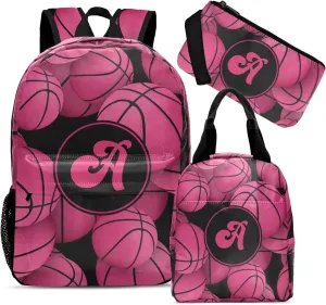 Customized Pink Red Basketball Ball Backpacks Set with Name Multifunctional Series Pack 1Casual Pack  1Lunch Handbag  1Pencil Case