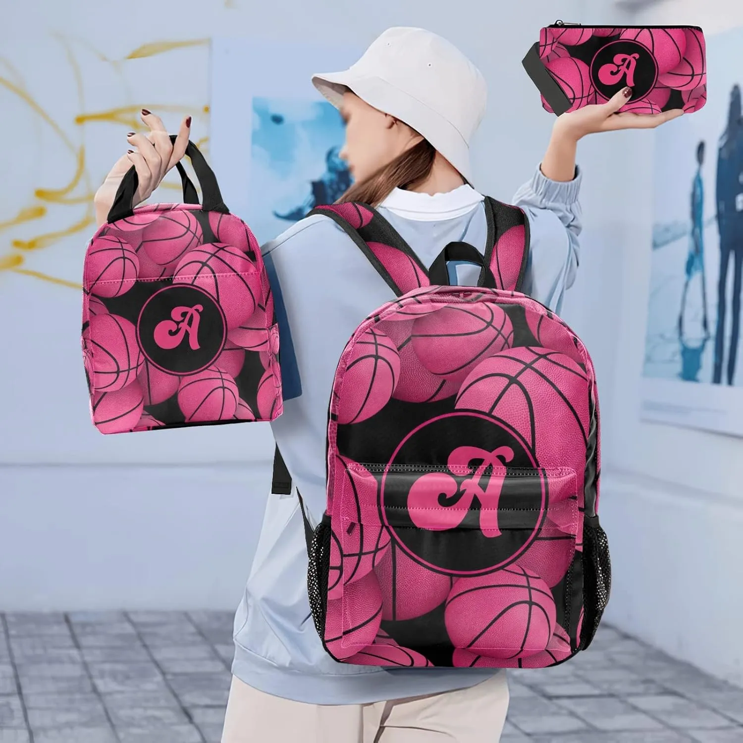Customized Pink Red Basketball Ball Backpacks Set with Name Multifunctional Series Pack 1Casual Pack  1Lunch Handbag  1Pencil Case