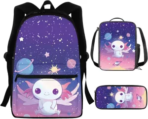 Cute Axolotl Backpack for School Kids Girls 7-8 8-9 9-10 School Bag and Lunch Bag Pencil Case Galaxy Bookbag for Elementary Middle Students Book Bags 15.6 Inch Back Pack Casual Daypack