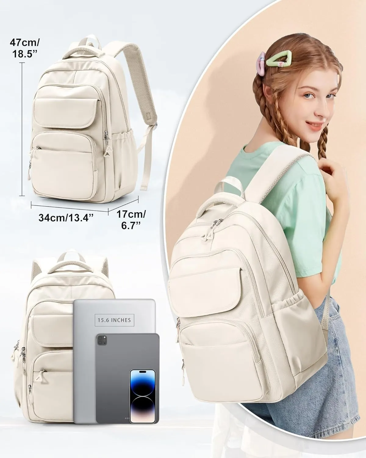 Cute Backpack for Women Men, Waterproof High School Laptop Backpack, Multifunction Casual Daypack, Classic Basic College Backpack, Middle School Bookbag for Teen Girls Boys, Beige