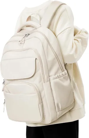 Cute Backpack for Women Men, Waterproof High School Laptop Backpack, Multifunction Casual Daypack, Classic Basic College Backpack, Middle School Bookbag for Teen Girls Boys, Beige