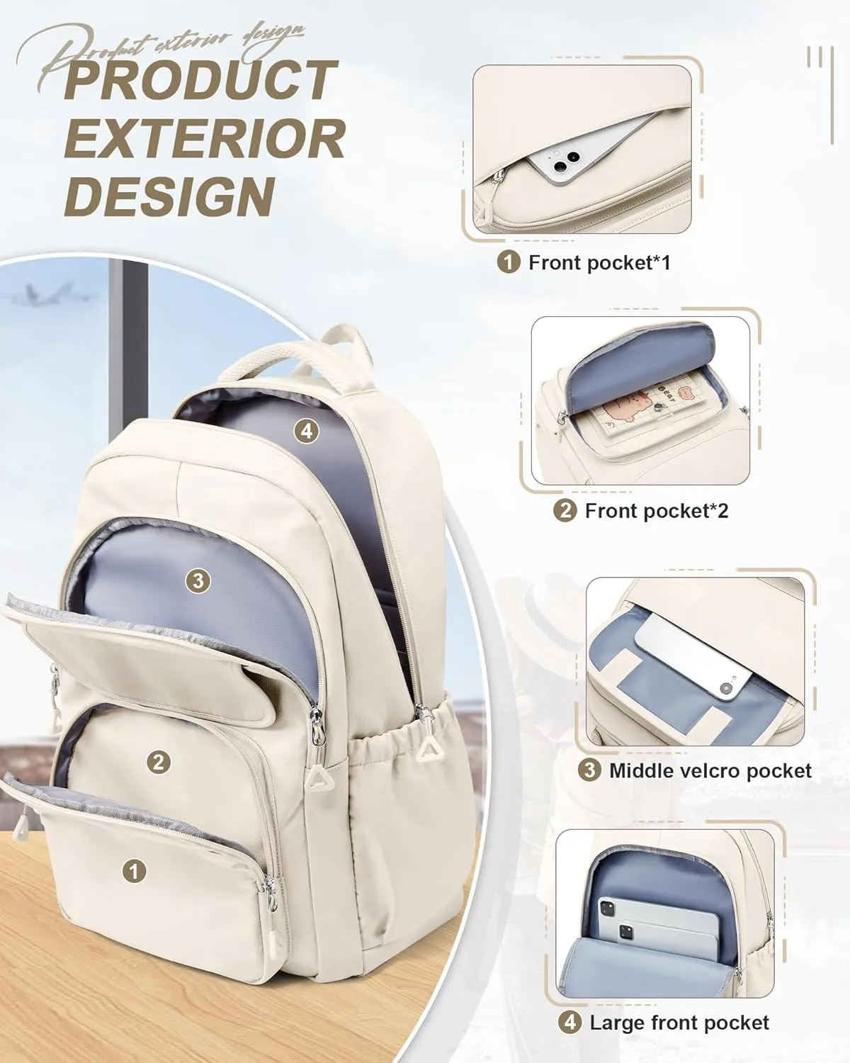 Cute Backpack for Women Men, Waterproof High School Laptop Backpack, Multifunction Casual Daypack, Classic Basic College Backpack, Middle School Bookbag for Teen Girls Boys, Beige