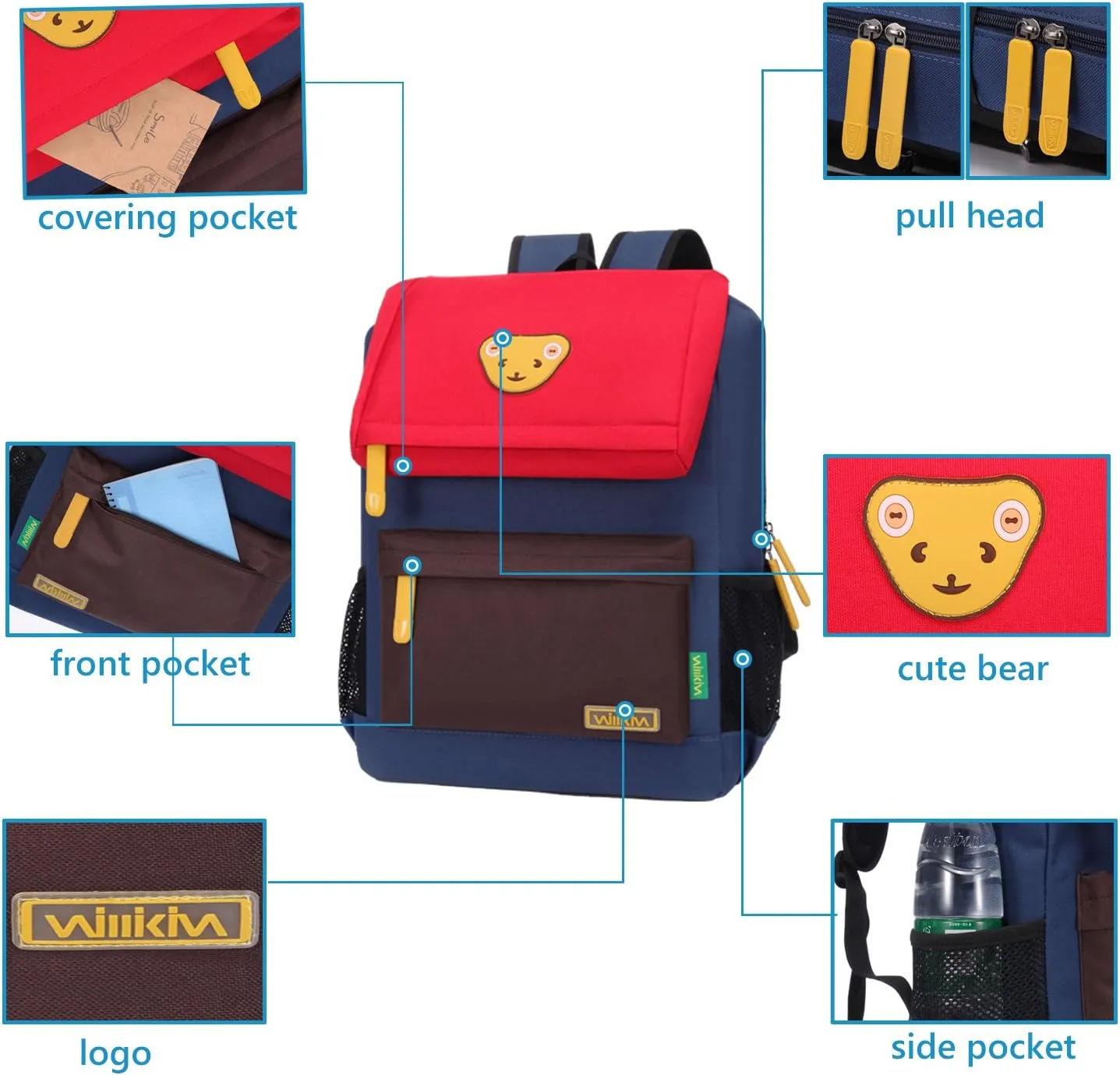 Cute Bear Kids School Backpack for Children Elementary School Bags Girls Boys Bookbags (Red/Coffee/Royalblue, Small)