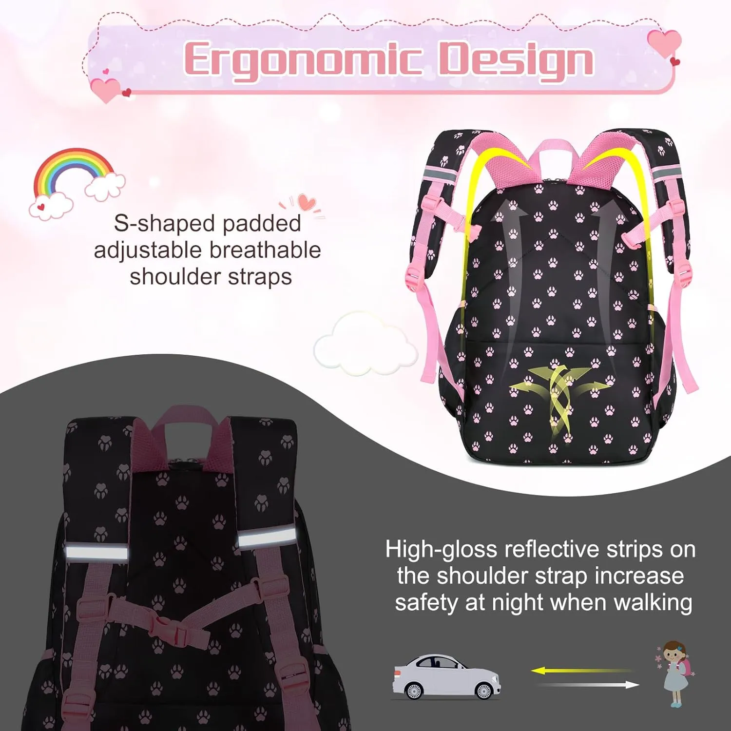 Cute Cat School Backpack for Girls with Insulated Lunch Box Pen Case Set, Kids Backpack for Kindergarten to Middle School Students
