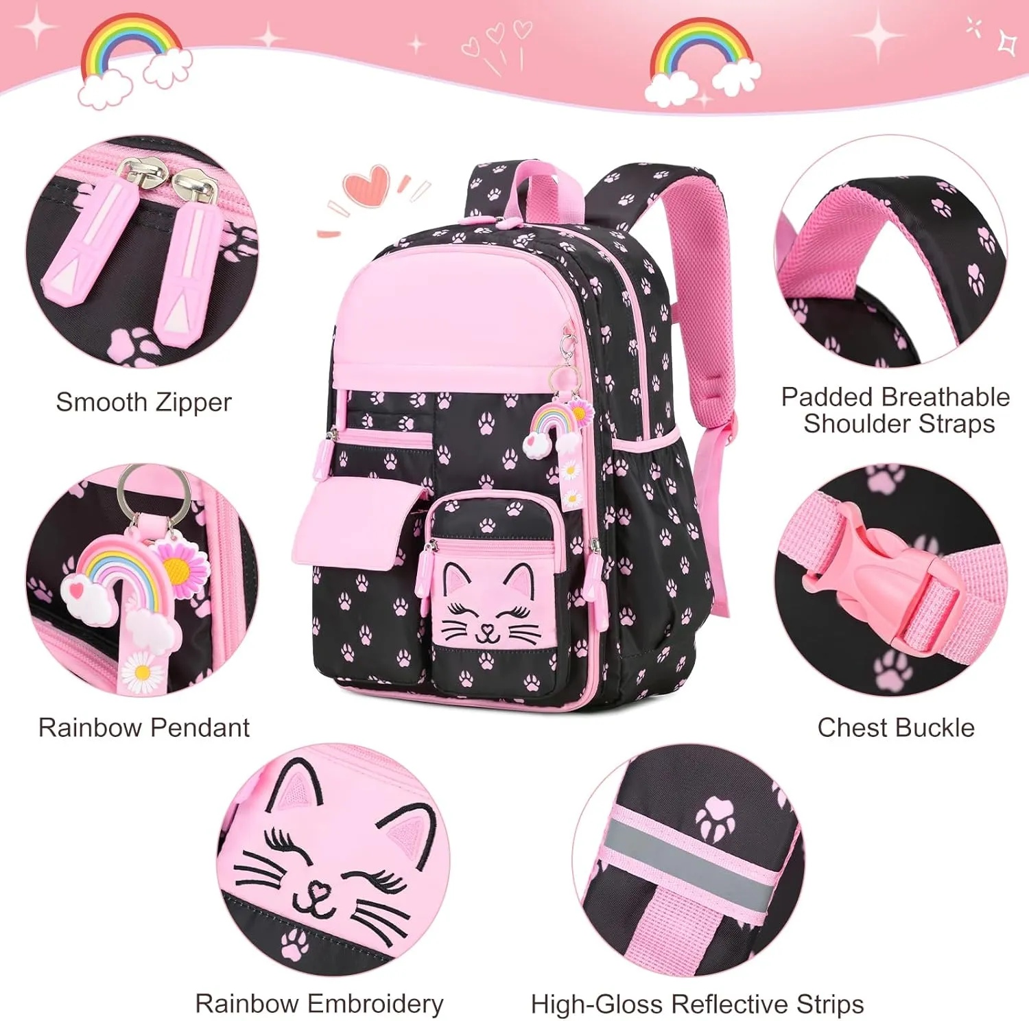 Cute Cat School Backpack for Girls with Insulated Lunch Box Pen Case Set, Kids Backpack for Kindergarten to Middle School Students