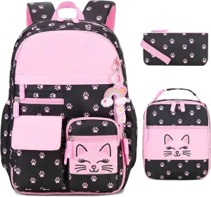 Cute Cat School Backpack for Girls with Insulated Lunch Box Pen Case Set, Kids Backpack for Kindergarten to Middle School Students