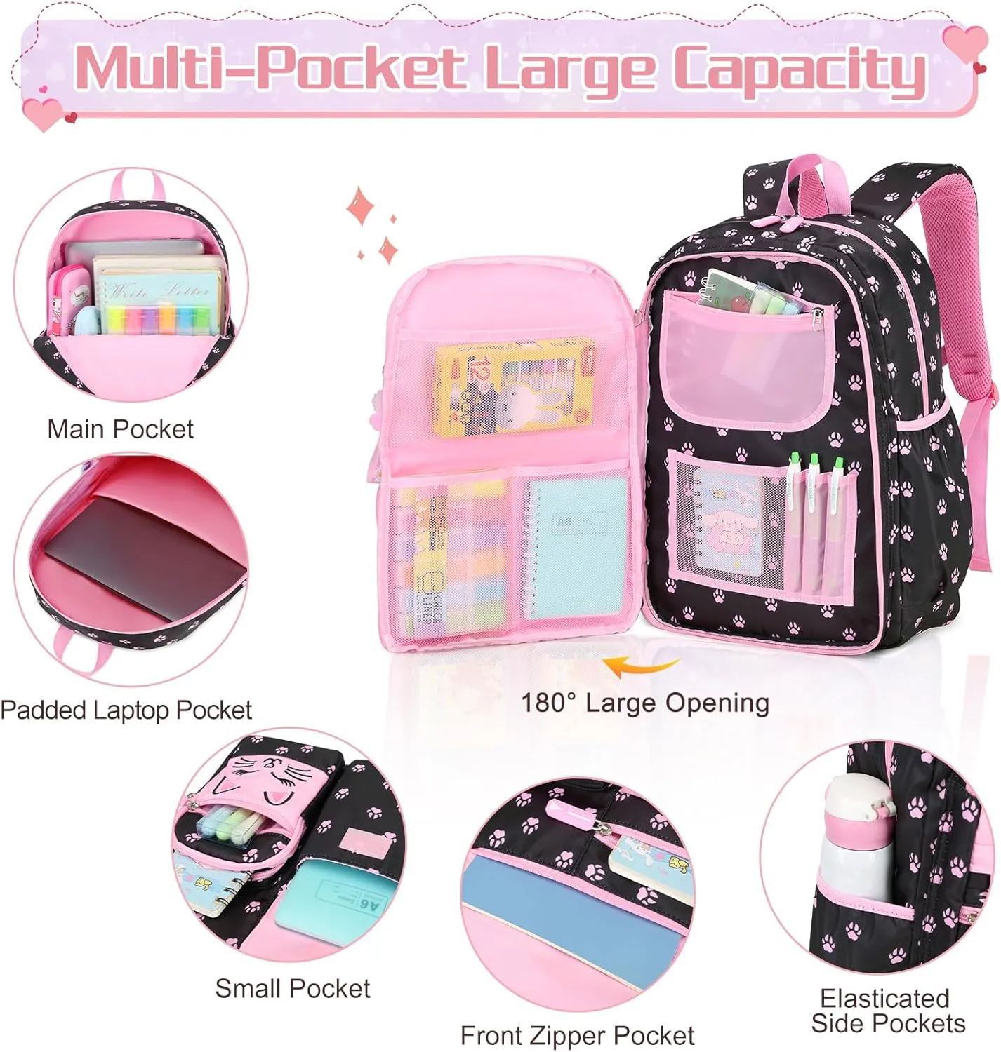 Cute Cat School Backpack for Girls with Insulated Lunch Box Pen Case Set, Kids Backpack for Kindergarten to Middle School Students