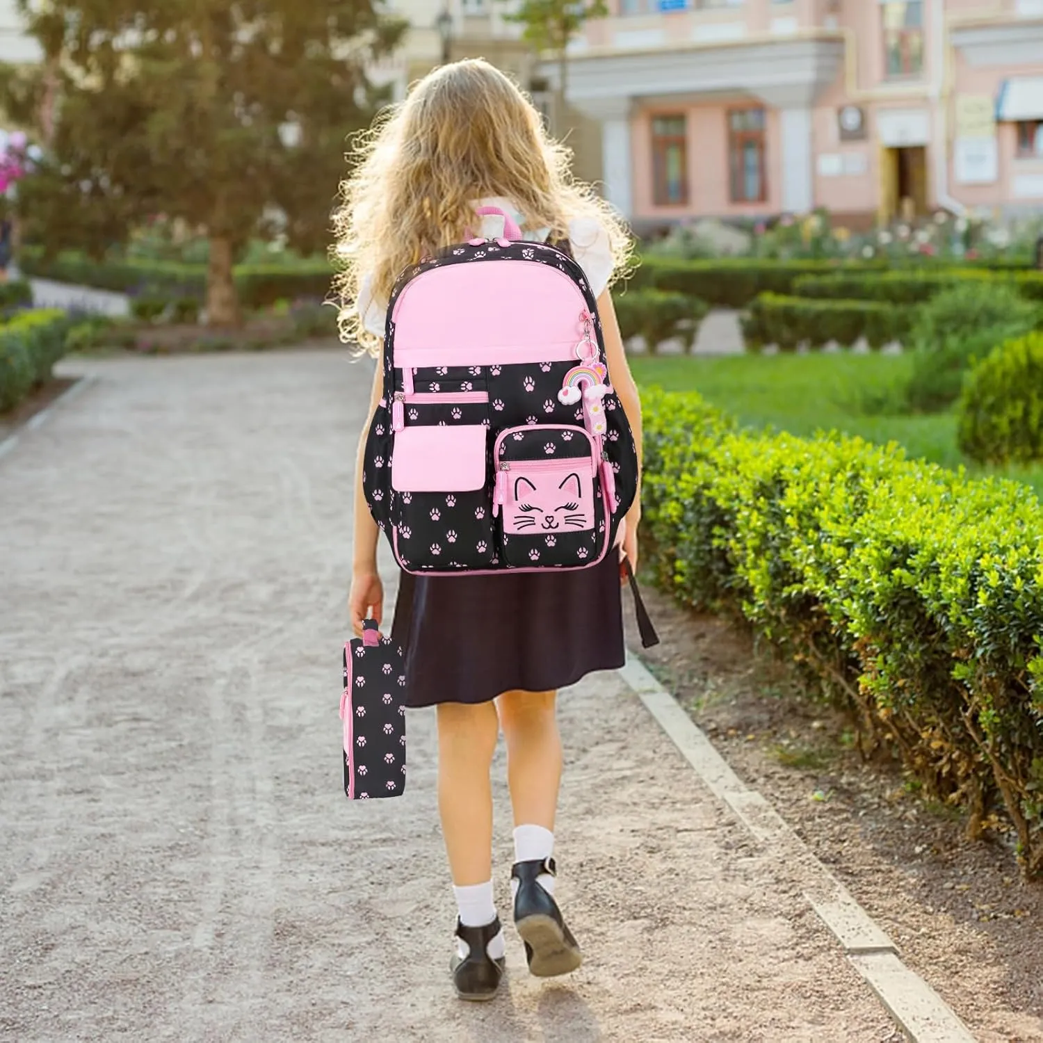 Cute Cat School Backpack for Girls with Insulated Lunch Box Pen Case Set, Kids Backpack for Kindergarten to Middle School Students