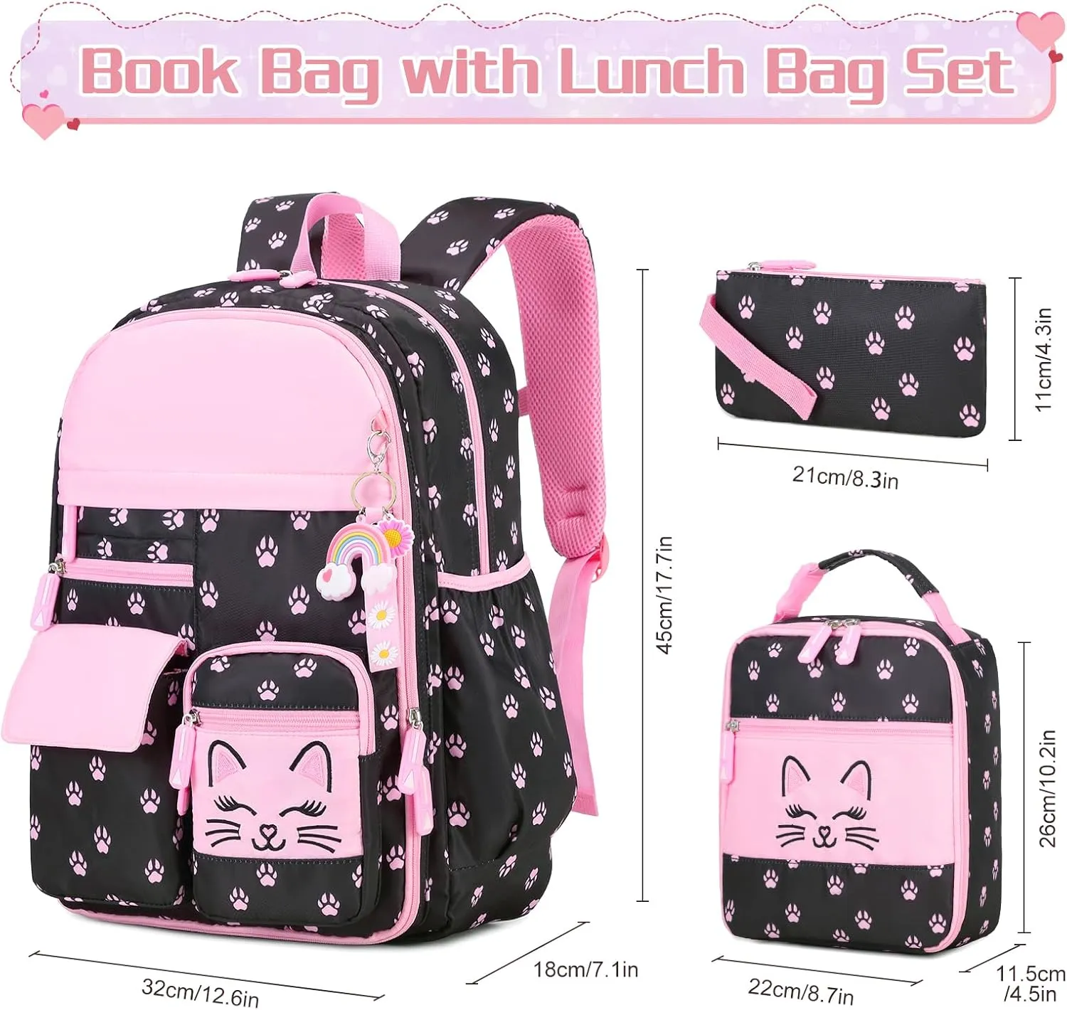 Cute Cat School Backpack for Girls with Insulated Lunch Box Pen Case Set, Kids Backpack for Kindergarten to Middle School Students