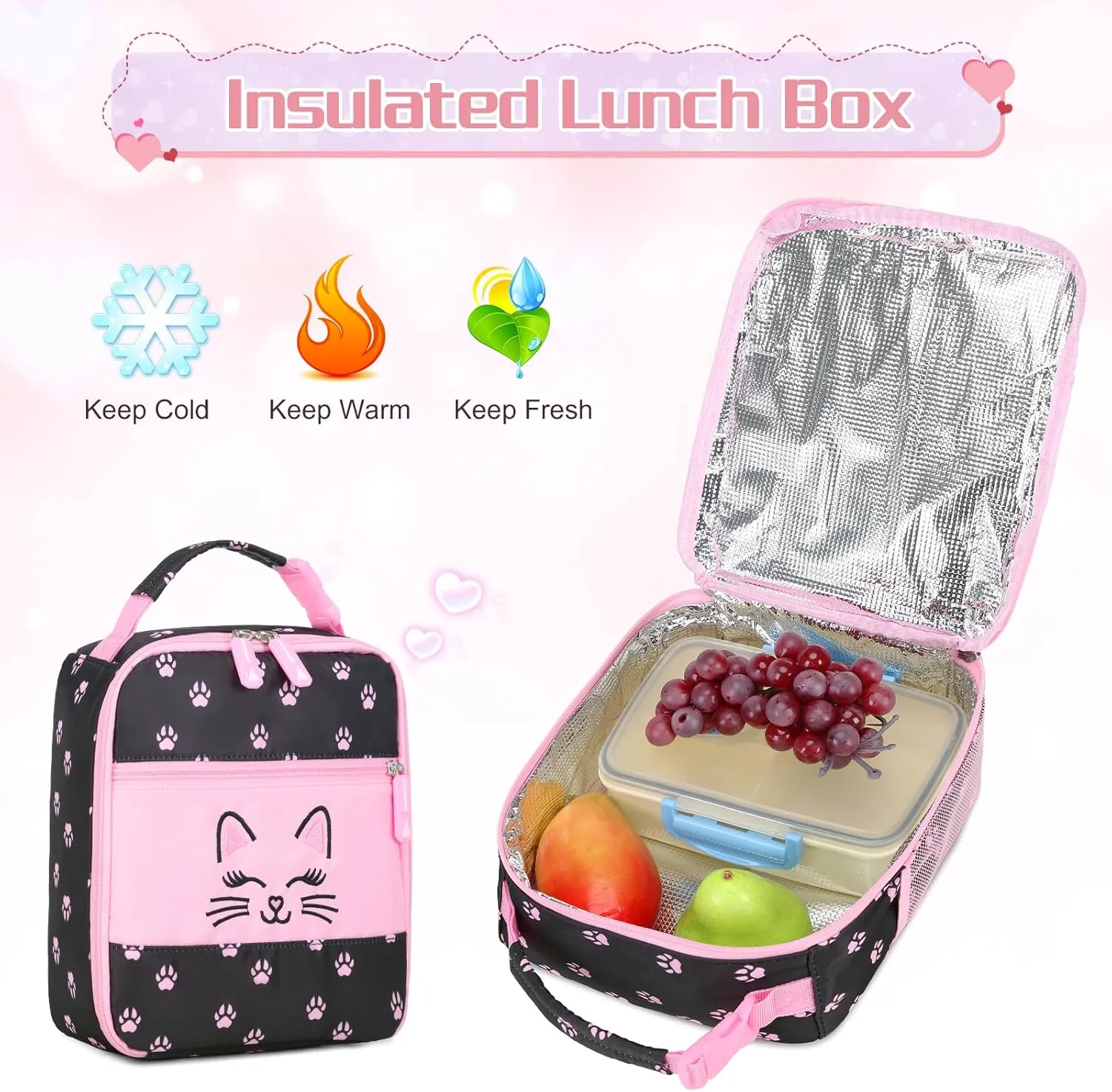 Cute Cat School Backpack for Girls with Insulated Lunch Box Pen Case Set, Kids Backpack for Kindergarten to Middle School Students