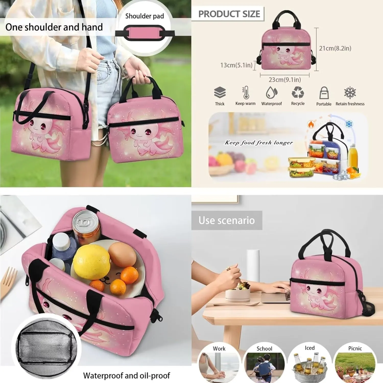 Cute Salamander Schoolbag Set Books School Bags for Girls with Lunch Bag School Backpack for Kids Backpack for Boys with Lunch Bag Schoolbag Set for Elementary School