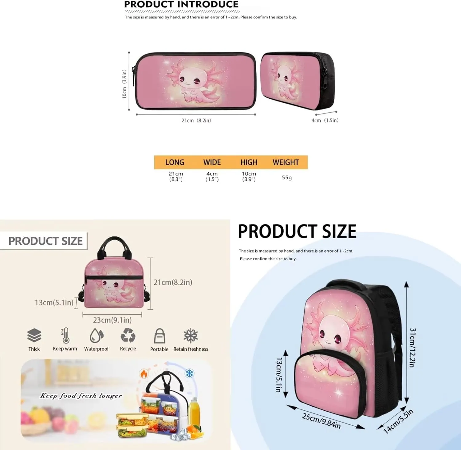 Cute Salamander Schoolbag Set Books School Bags for Girls with Lunch Bag School Backpack for Kids Backpack for Boys with Lunch Bag Schoolbag Set for Elementary School