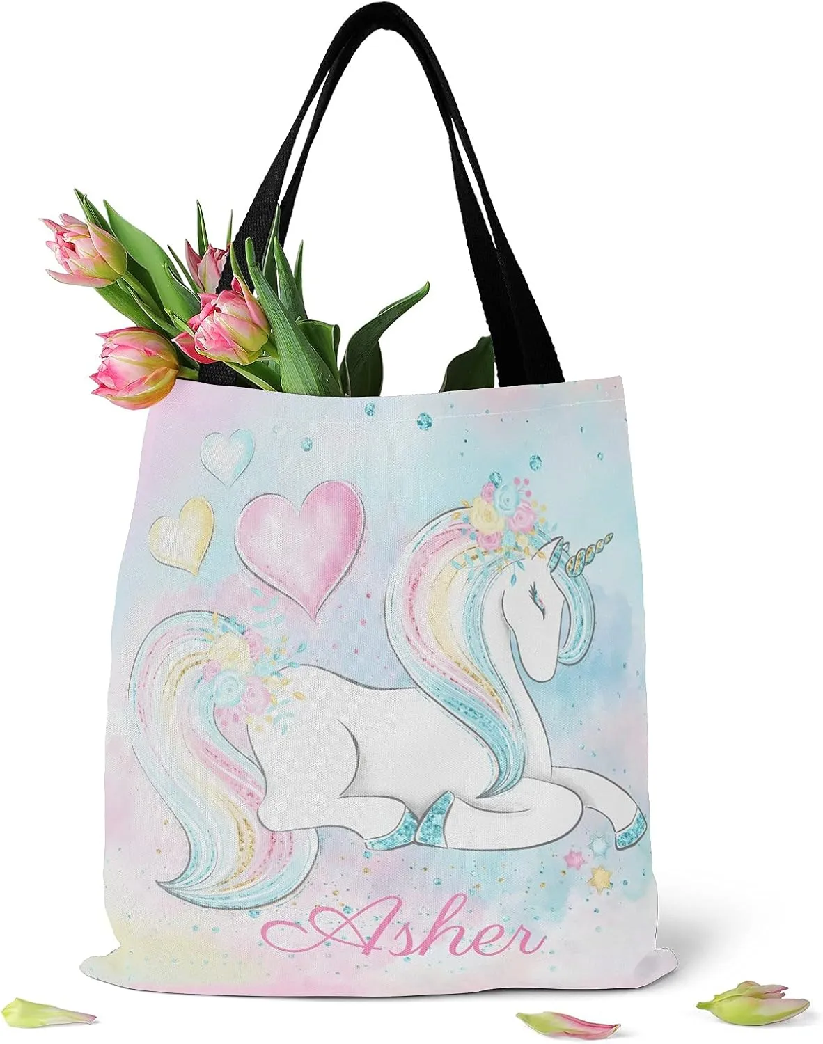 Deer Floral Pink Personalized Canvas Tote Bags for Women Kids, Reusable Bags for Shopping,Travel,School Handbag Gift