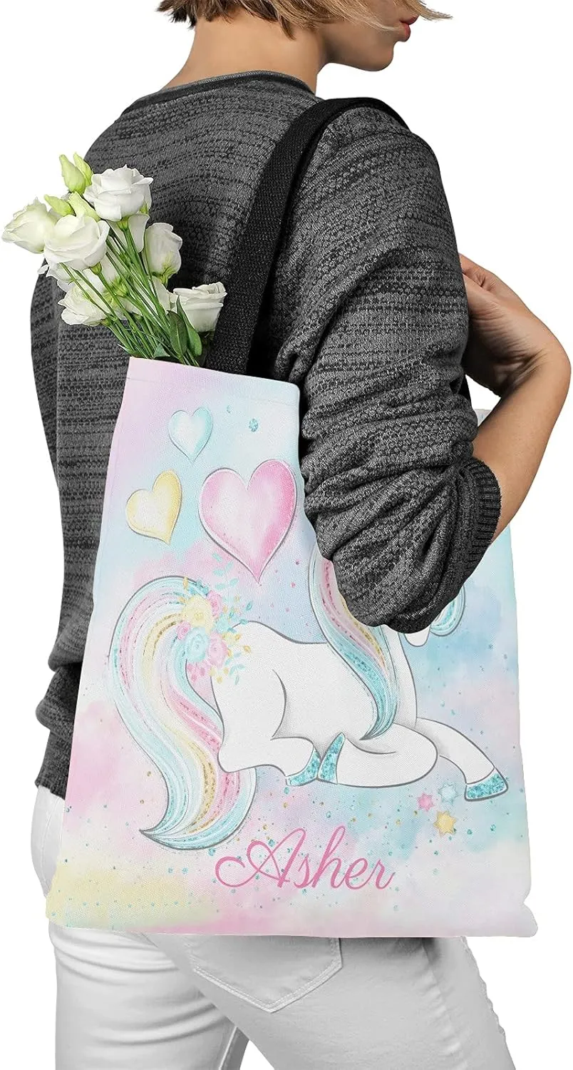 Deer Floral Pink Personalized Canvas Tote Bags for Women Kids, Reusable Bags for Shopping,Travel,School Handbag Gift