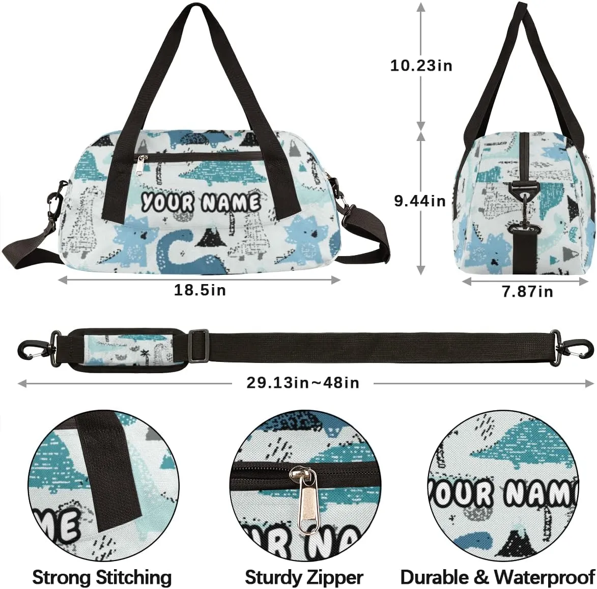 Dinosaur Animals Personalized Kids Duffel Bag for Girls Boys, Dinosaur Debris Custom Dance Bag Overnight Small Duffel Bag Carry On Weekend Sports Travel Bag for School Practice Gymnastics Ballet