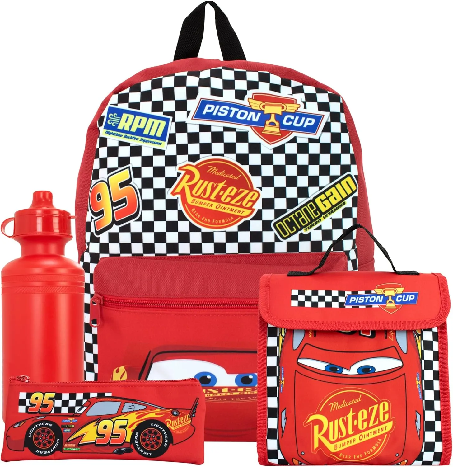 Disney Cars Backpack Set 4 Piece | Lightning McQueen Backpack Pencil Case Water Bottle and Lunch Bag | Children's Rucksack