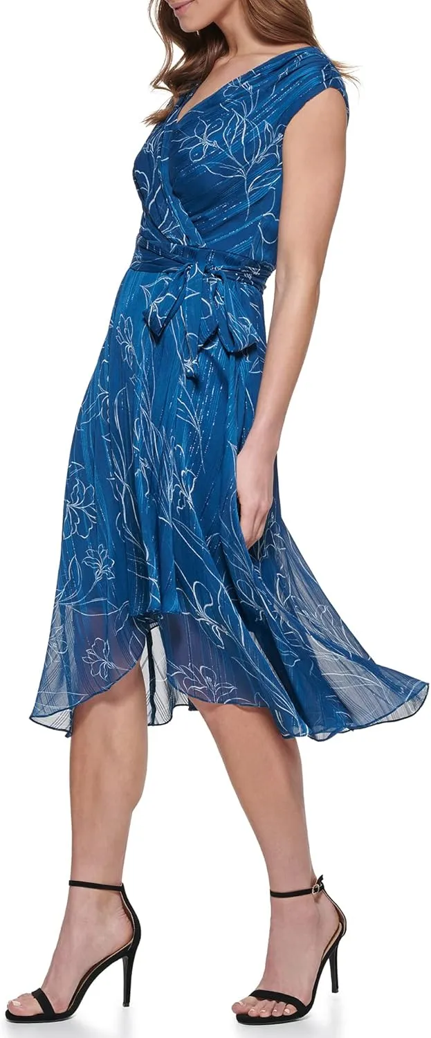 DKNY Womens Chiffon Metallic Wrap Dress