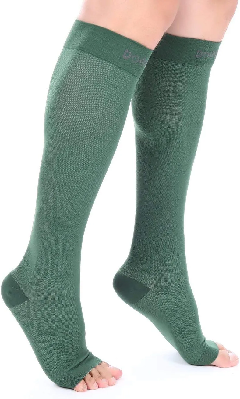 Doc Miller Open Toe Compression Socks for Men and Women, 15-20 mmHg, Calf Recovery, Medical Grade, Dark Green Socks, Large