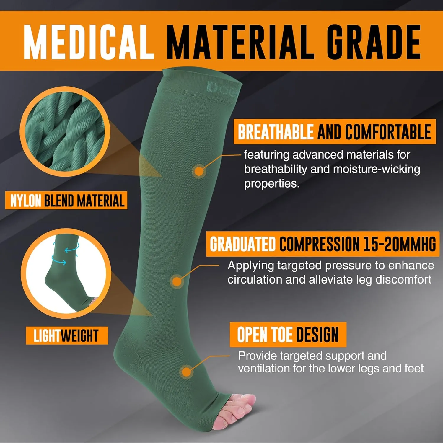 Doc Miller Open Toe Compression Socks for Men and Women, 15-20 mmHg, Calf Recovery, Medical Grade, Dark Green Socks, Large