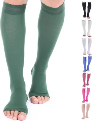 Doc Miller Open Toe Compression Socks for Men and Women, 15-20 mmHg, Calf Recovery, Medical Grade, Dark Green Socks, Large