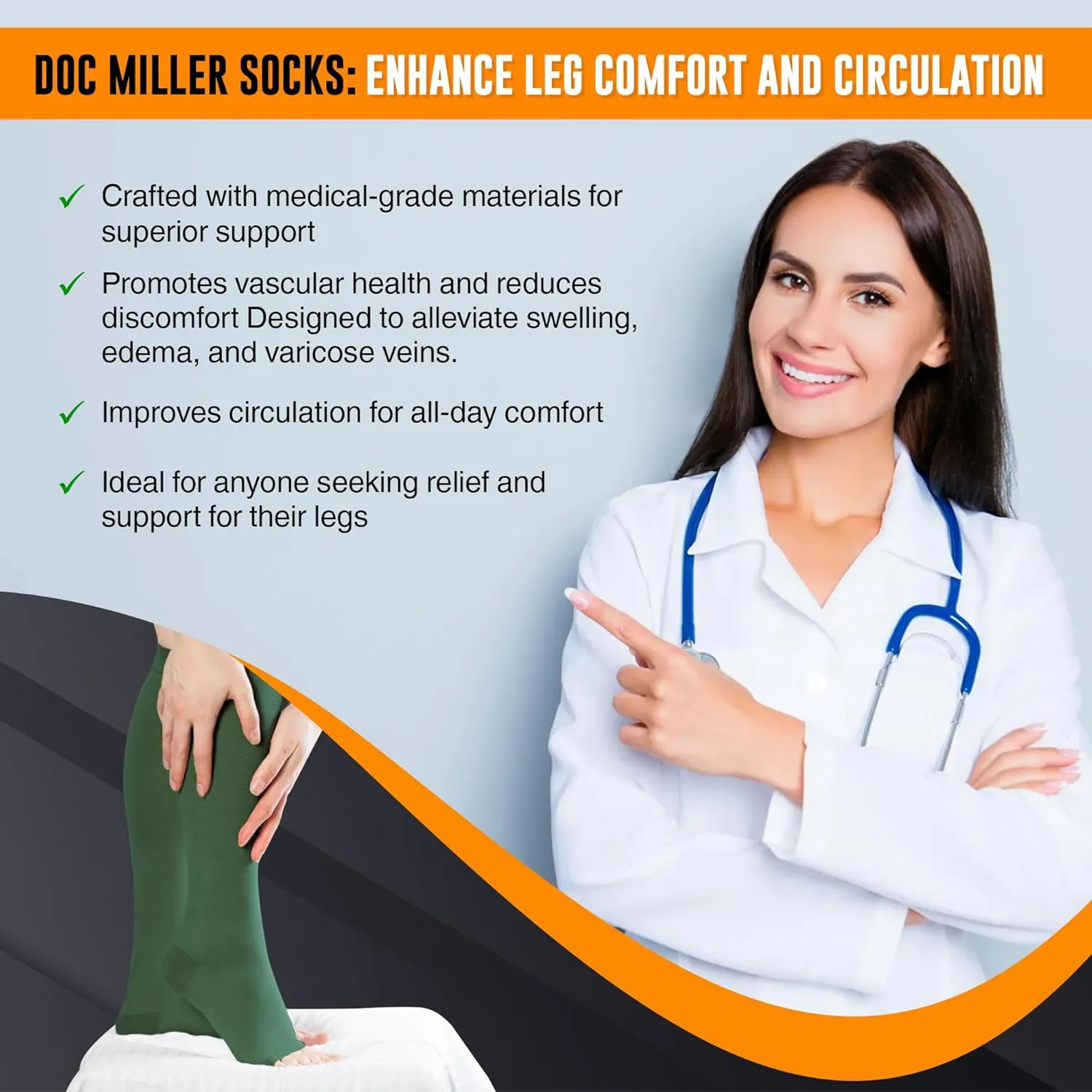 Doc Miller Open Toe Compression Socks for Men and Women, 15-20 mmHg, Calf Recovery, Medical Grade, Dark Green Socks, Large
