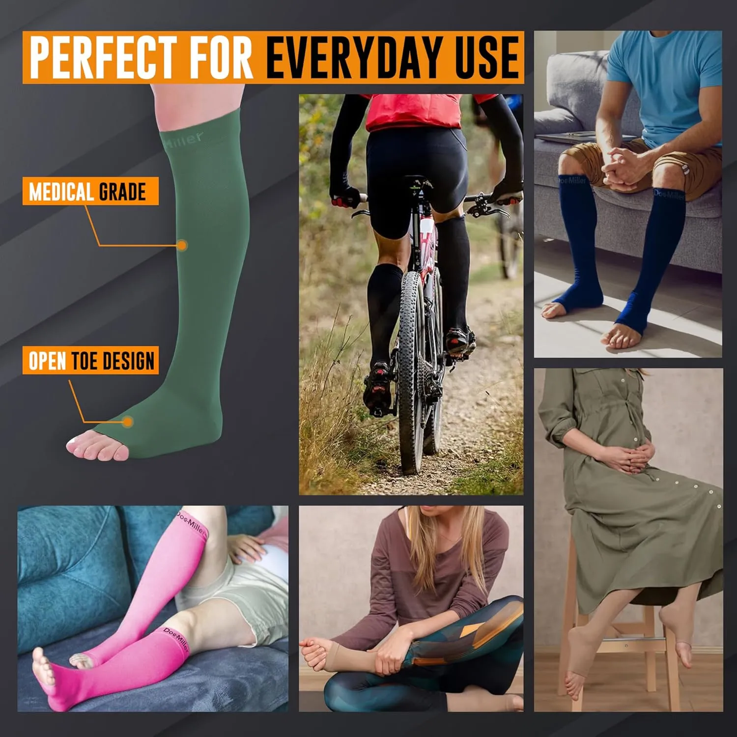Doc Miller Open Toe Compression Socks for Men and Women, 15-20 mmHg, Calf Recovery, Medical Grade, Dark Green Socks, Large