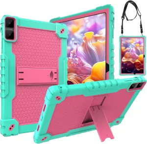 Doemoi case for DOOGEE T10 Plus,UMIDIGI A13 10.5",TECLAST T40HD T40Air 10.4" Hybrid Shockproof Protective Kids Firendly Case with Hard Shell Built in Kickstand Shoulder Strap (Green/Pink)